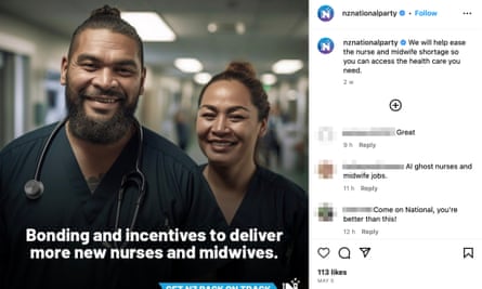 A New Zealand National party ad using AI-generated people of apparent Pacific island descent.