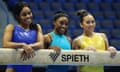 Gabby Douglas, Simone Biles and Sunisa Lee, from left, pose for photographs after a training session on Friday at the XL Center ahead of the US Classic in Hartford, Connecticut.