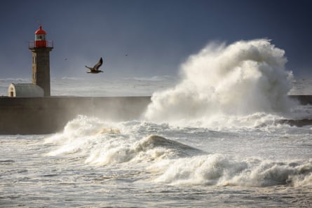 Powerful waves near a lighthouse in Porto
