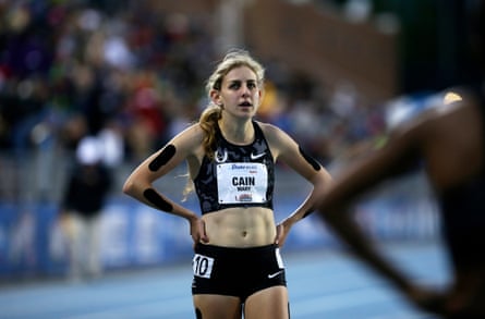 Mary Cain walks off the track after competing in the women’s special 1500-meter run at the Drake Relays athletics meet in Des Moines, Iowa.