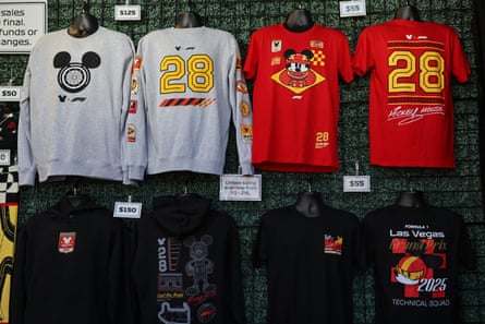Disney Formula One merchandise is seen for sale in the paddock ahead of the first practice session for the Las Vegas Formula One Grand Prix.