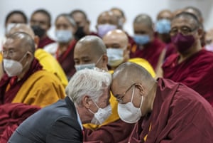 Dharmsala, India. Hollywood actor Richard Gere, left, greets Ling Rinpoche, a prominent Tibetan Buddhist leader, during the inauguration of a museum by the Dalai Lama on the spiritual leader’s 87th birthday