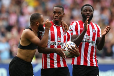 Ivan Toney (centre) takes the matchball with him after scoring a hat-trick for Brentford against Leeds.