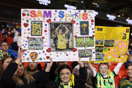 Matildas fans hold a sign for Sam Kerr