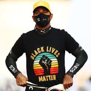 Lewis Hamilton stands on the grid prior to the Abu Dhabi Grand Prix in December 2020.