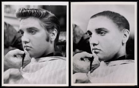 Black and white images of Elvis Presley as he normally looked, with quiffed hair (left), and a faked image of him with a US army buzzcut