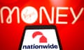 The Nationwide Building Society logo on a smartphone screen with the Virgin Money UK logo in the background