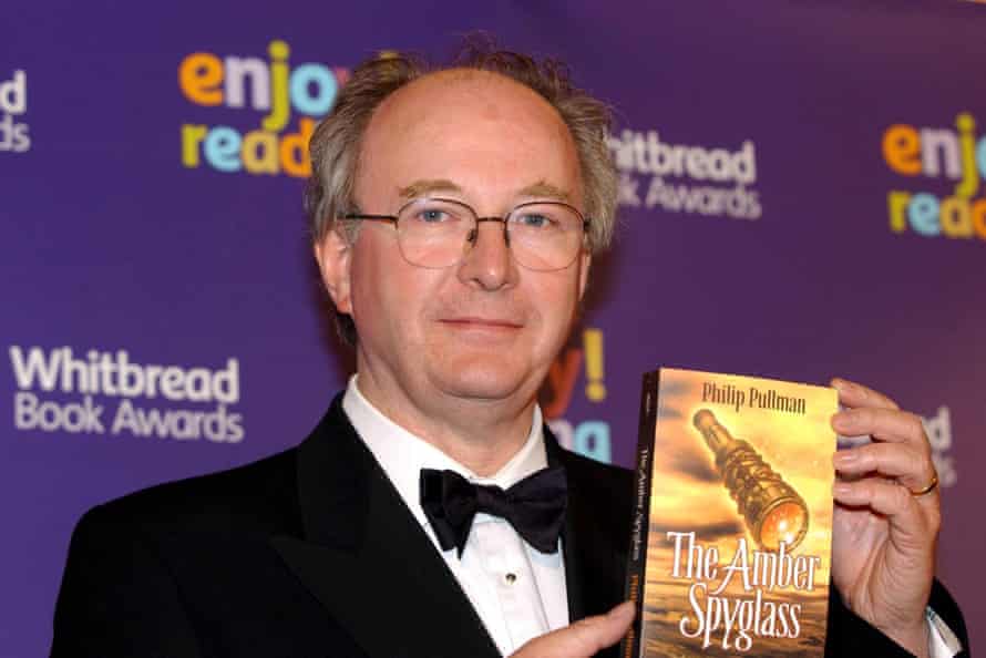 Philip Pullman with his The Amber Spyglass, winner of the Whitbread Prize in 2001.