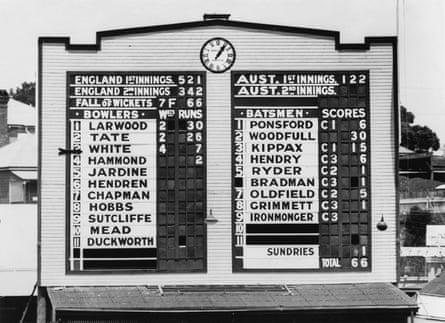 A view of the scoreboard showing the Australian second-innings score of 66 all out.