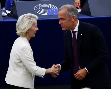 Canadian prime minister Mark Carney shakes hands with European Commission President Ursula von der Leyen as he attends her State of the European Union address (SOTEU) to the European Parliament, in Strasbourg, France.