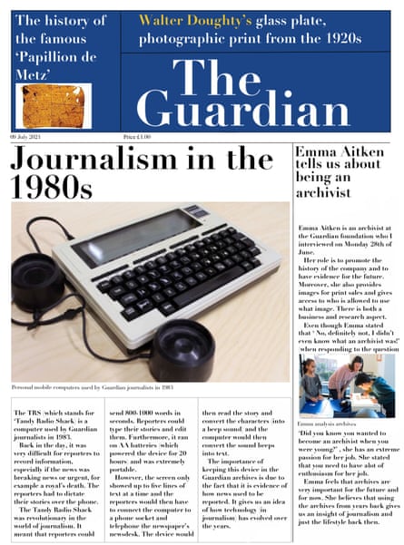 A student-made newspaper. It is blue at the top and the masthead reads, 'The Guardian'.