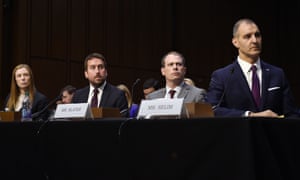Monika Bickert, head of global policy management at Facebook, Nick Pickles, public policy director for Twitter, Derek Slater, global director of information policy at Google and George Selim, senior vice president of programs at the Anti-Defamation League attending a committee hearing on “mass violence, extremism, and digital responsibility” on Capitol Hill today