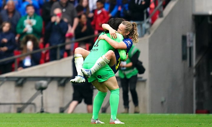 Chelsea goalkeeper Zecira Musovic (left) and Erin Cuthbert celebrate victory after extra time.