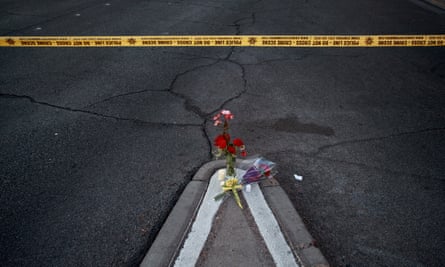 Flowers were left on Las Vegas Blvd. near the scene of Sunday night’s mass shooting.