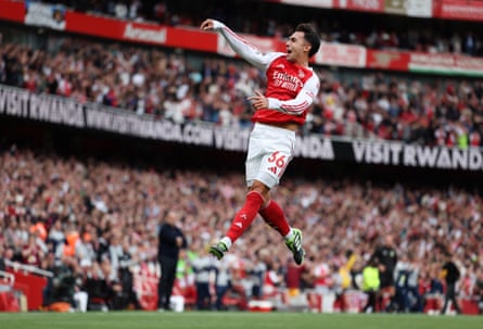 Martín Zubimendi jumps for joy after his stunning volley opens the scoring in Arsenal’s 3-0 win over Nottingham Forest in September