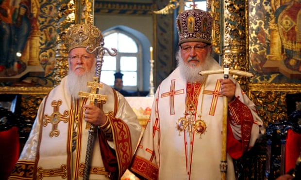 Bartholomew I of Constantinople (left) with the Russian Orthodox leader, Patriarch Kirill