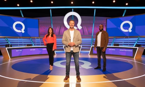 Paddy McGuinness flanked by Sam Quek and Ugo Monye, standing on the set of Question of Sport