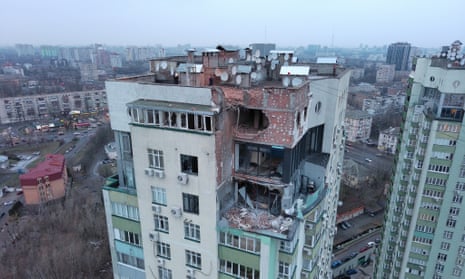Apartments on the upper floors of a high-rise residential building in Solomyanskyi district lie heavily damaged by a ‘kamikaze’ drone’s fragment explosion.