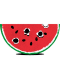 A half circle slice of watermelon pierced with bullet holes.