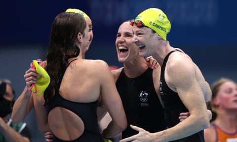 Emma McKeon, Bronte Campbell, Meg Harris and Cate Campbell of Team Australia celebrate after winning the gold medal in the Women’s 4 x 100m Freestyle Relay Final
