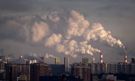 Smoke rises from chimneys in Moscow, Russia.