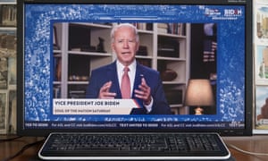 A screen grab of Joe Biden hosting an online event from his basement in Wilmington, Delaware.