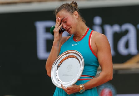 Aryna Sabalenka cries after losing the French Open final