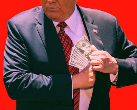 Illustration of man with counterfeit Trump dollars in jacket pocket