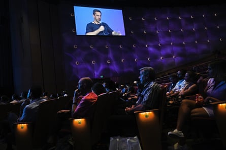 Aaron Rodgers speaks at a psychedelics conference in Denver in June 2023.