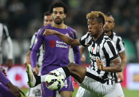 Kingsley Coman in action for Juventus in 2015, with Fiorentina’s Mohamed Salah watching on.