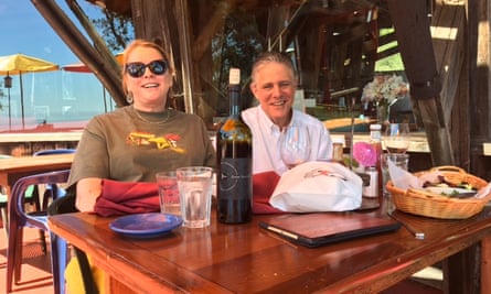 Anne and Ted Meyer, who helicoptered into Big Sur, lunching at Nepenthe restaurant.