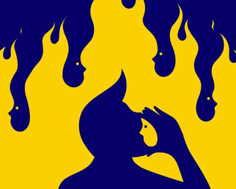 illustration of a person shouting silhouetted against flames.