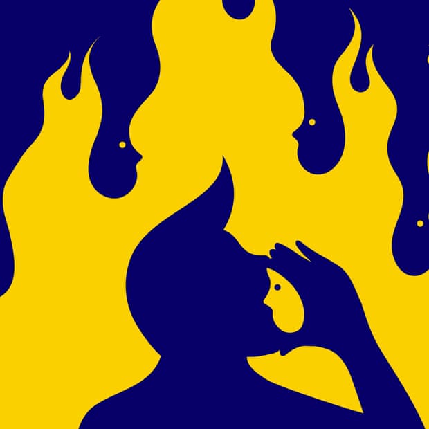 illustration of a person shouting silhouetted against flames.