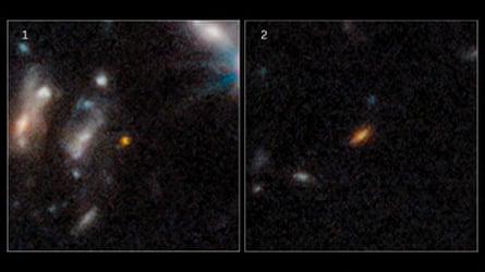 Side by side images of distant galaxies, appearing as elliptical reddish blurs against blackness of space