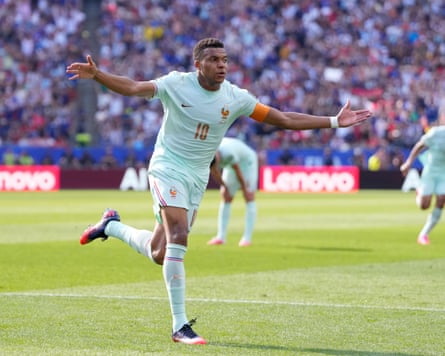 Kylian Mbappé of France celebrates after scoring his team’s first goal