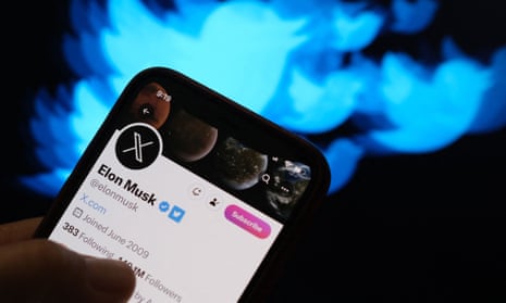 Twitter bird logo in the background of the X page of Elon Musk