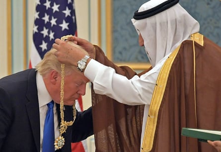 Donald Trump receives the Order of Abdulaziz al-Saud medal from Saudi Arabia king Salman bin Abdulaziz Al Saud in Riyadh, Saudi Arabia, on 20 May 2017.