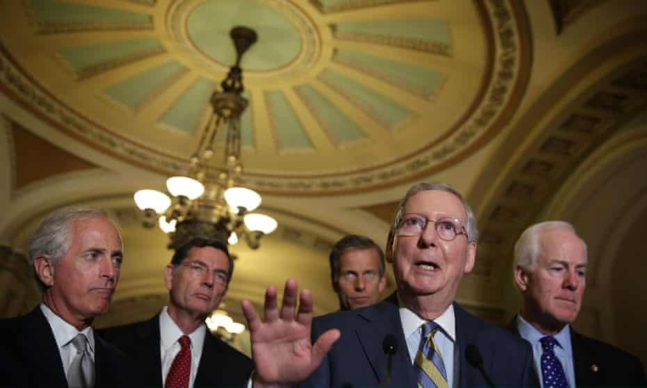 The Senate majority leader, Mitch McConnell, here flanked by fellow Republican senators, has said a Democratic filibuster on the Iran deal would be a ‘tragedy’.