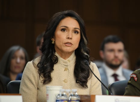 Tulsi Gabbard speaking into a microphone at a table.