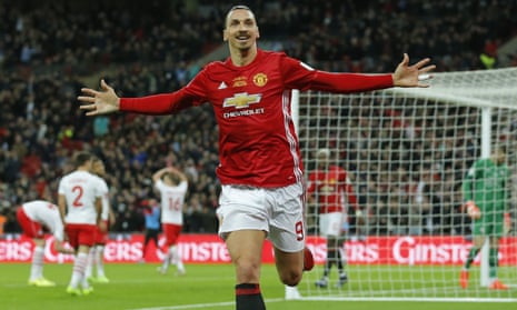 Zlatan Ibrahimovic celebrates scoring Manchester United’s winning goal during their 3-2 EFL Cup final win over Southampton.