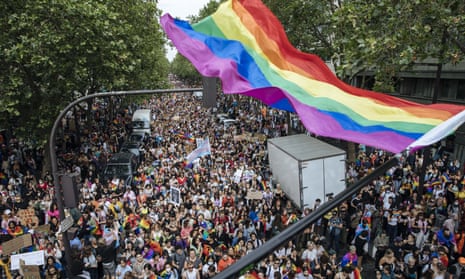 Dense crowds at the annual Gay Pride march in Paris, Saturday, 26 June 2021.