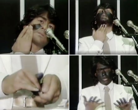 Four images of a man smearing his face with a black substance