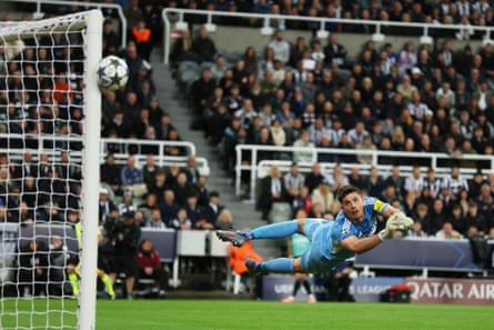 Newcastle United’s Nick Pope in action as Benfica’s Dodi Lukebakio hits the post