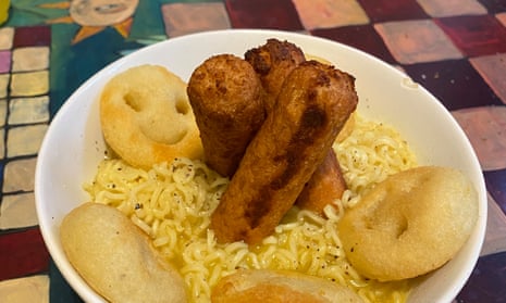 Rebecca Williamson’s dish of noodles, smiley faces and veggie sausages