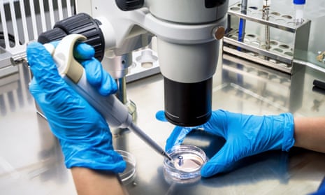 Researcher using microscope in laboratory for cancer research. 