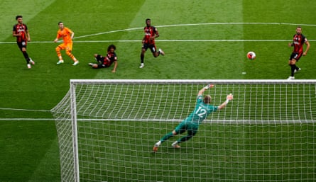 Miguel Almiron scores Newcastle United’s third goal at Bournemouth.