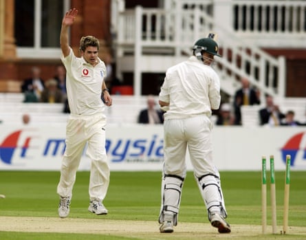 Jimmy Anderson celebrates taking a wicket on his Test debut at Lord’s in 2003.
