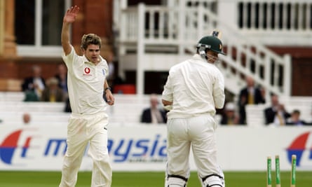 Jimmy Anderson celebrates taking a wicket on his Test debut at Lord’s in 2003.