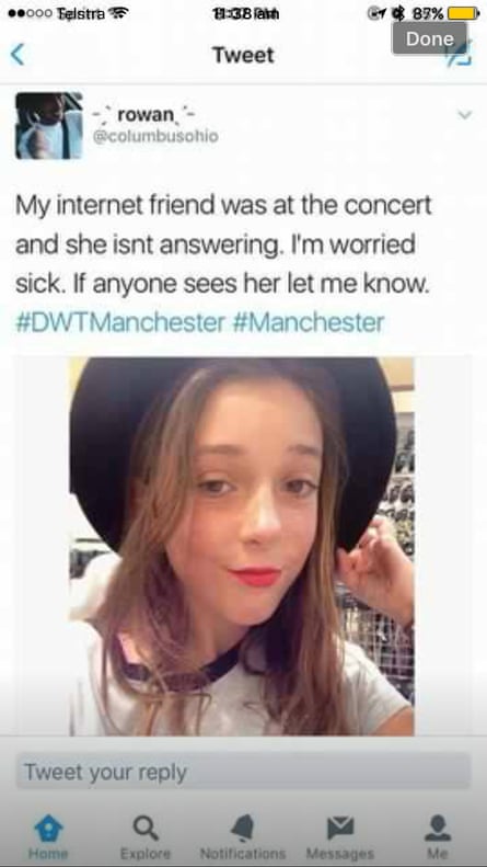 A tweet using Gemma Devine’s image claims she was in Manchester, even though she lives in Australia.