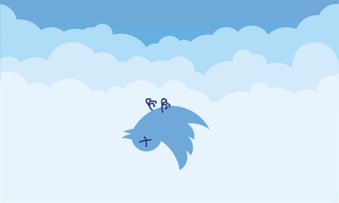The Twitter bird logo falling from the sky